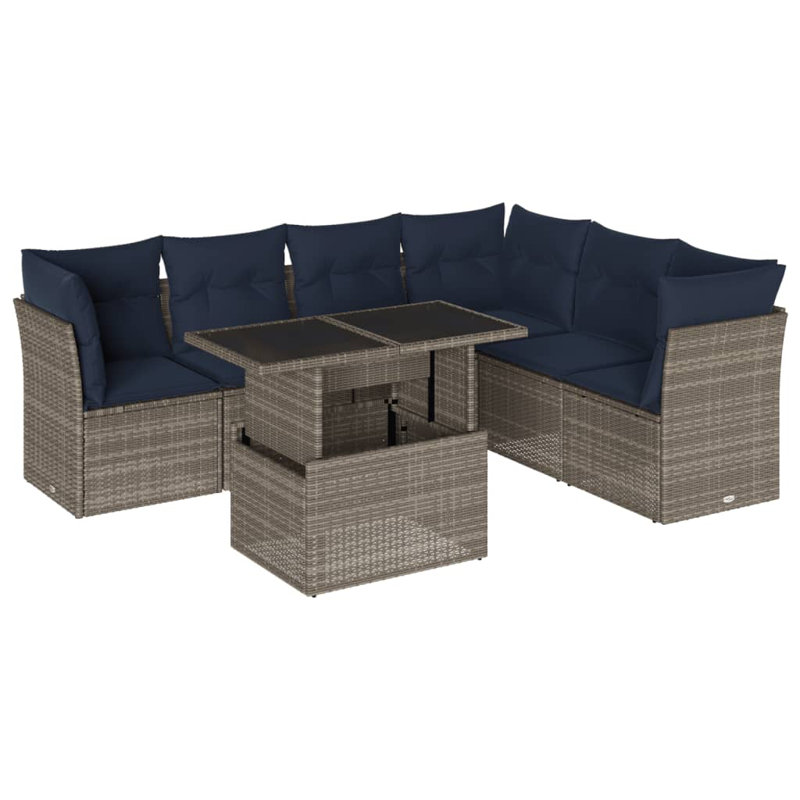 7 Piece Patio Sofa Set With Cushions Poly Rattan, Grey, Navy