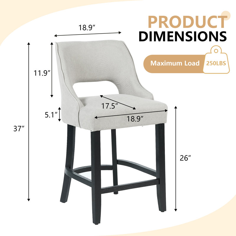 Tabouret de bar rembourré à hauteur de comptoir avec pieds en bois massif, Pieds gris-noir