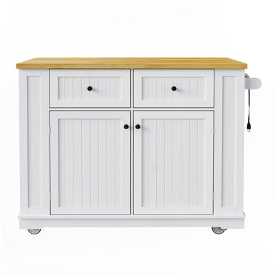 48inch Large Kitchen Island with 2 Bar Stools, Power Outlet, Door Internal Storage Rack