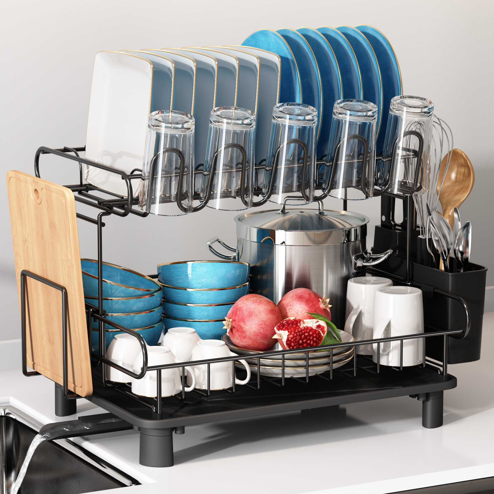 Dish Drying Rack, 2 Tier Dish Racks for Kitchen Counter, Dish  Drainer Dish Rack with Pots & Pans Holder, Large Dish Drying Rack with  Drainboard Utensil Holder Cup Holder Cutting