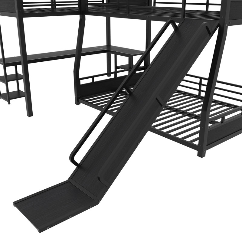Full XL Over Queen L-Shaped Metal Bunk Bed with Twin XL Loft Bed, Desk, Storage Shelves and Slide, Full XL over Queen