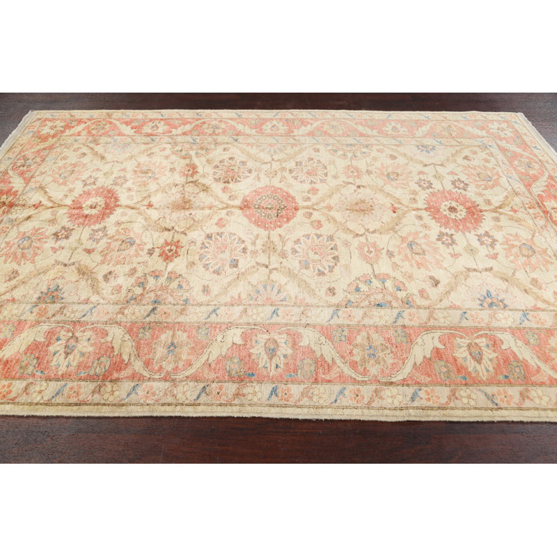 Tapis unique en laine noué à la main Oushak ivoire 6 pi x 8 pi 8 po nouvel âge Azusena