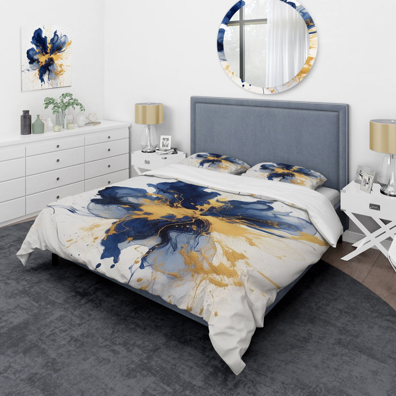 Ensemble de housse de couette en microfibre / polyester bleu foncé et doré, Housse de couette pour très grand lit et 2 très