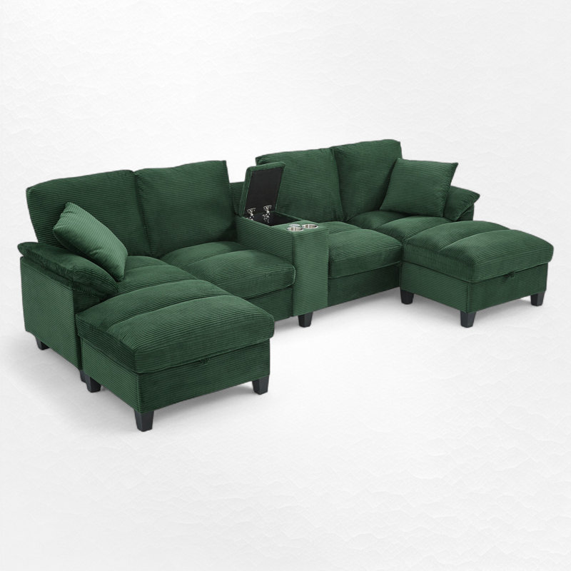 Canapé modulaire rembourré en U avec rangement et ports USB, Green Corduroy
