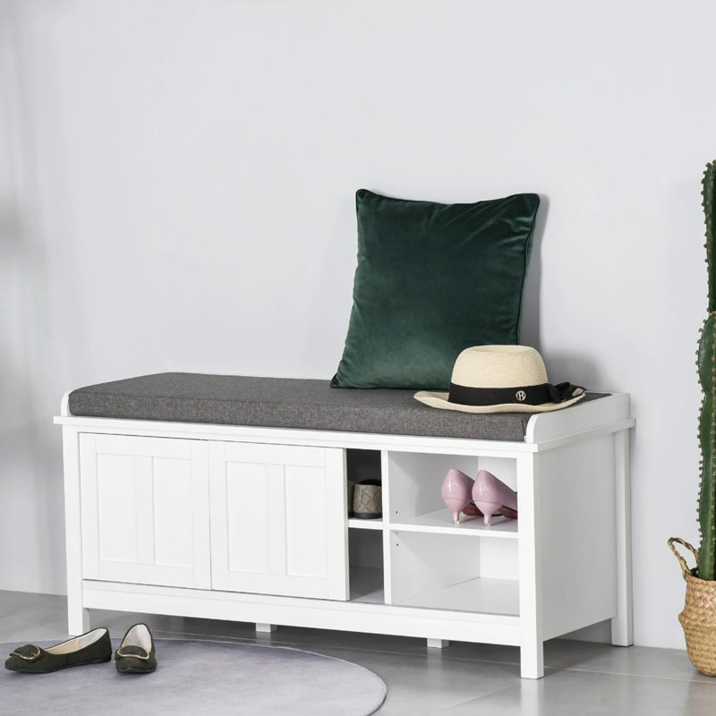 Entryway Shoe Bench, Storage Ottoman Bench With Adjustable Shelf, White