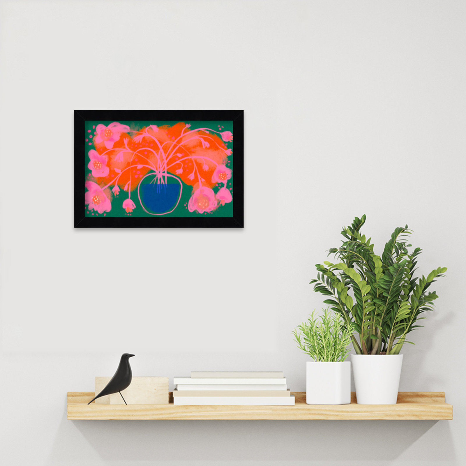 Galya "Pink Flower Bouquet" Print, Black, 9" H x 13" W