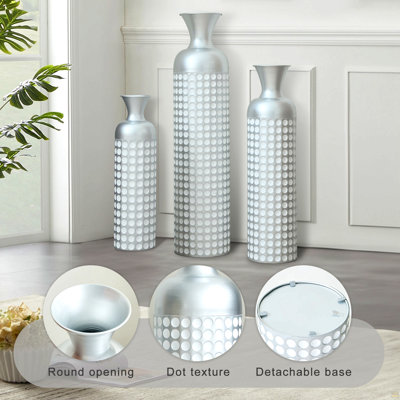 Ensemble de 3 vases en métal argenté, vases embossés semi-artisanaux emboîtés, centres de table décoratifs modernes pour la maison, le sol, le salon, le foyer et non imperméable