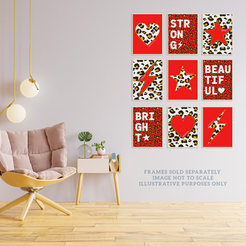 Leopard Pattern Heart Lightning Star Beautiful Bright Strong - 9 Piece No Frame Print Set, Multicoloured Red