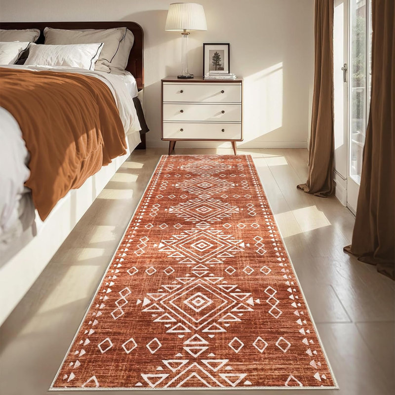 2x6 Geometric Vintage Hallway Runner Rug, Machine Washable Non-Slip Low Pile, Distressed Tribal Carpet for Entryway, Red