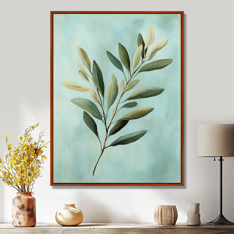 Feuilles ensoleillées sur fond bleu - Impression sur toile botanique, H 32 po x l 16 po, Cadre flottant brun
