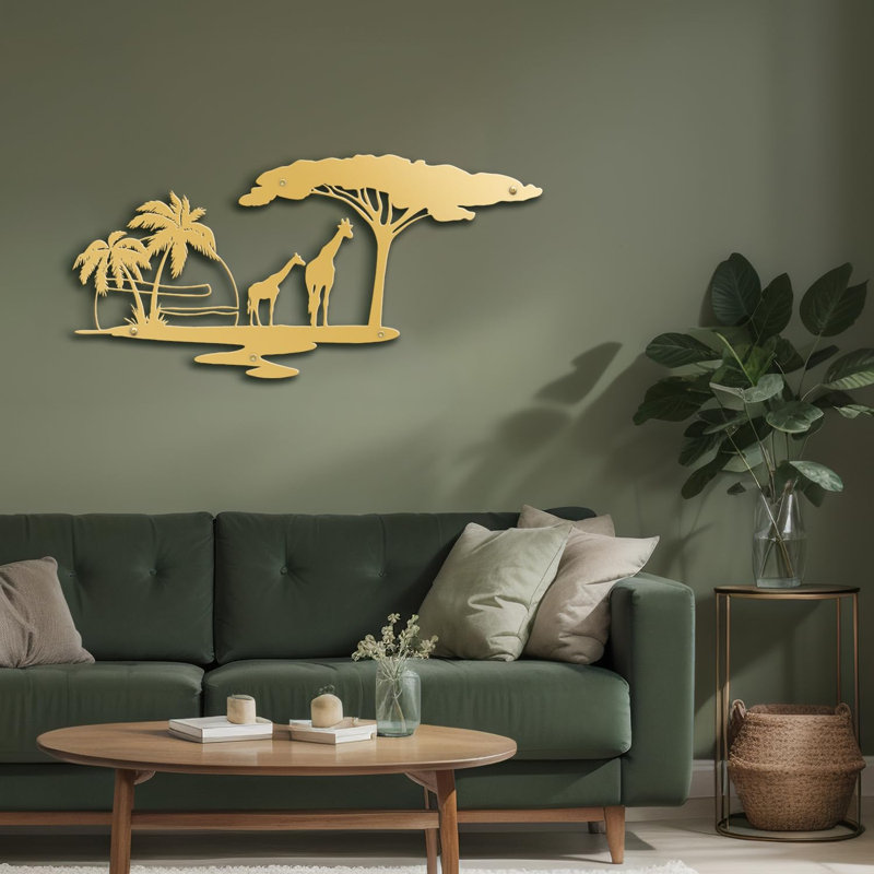 Arbres et girafes au coucher du soleil, H 17,28 po x l 36 po x P 0,05 po, Or