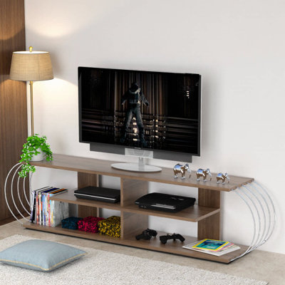 Elegant Mid-Century Modern TV Stand with 4 Open Shelves – 68 Inch White & Chrome Entertainment Center for Living Room