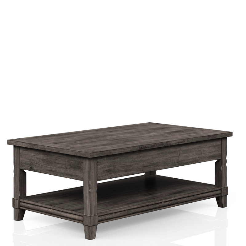 Table basse rustique à plateau relevable avec étagère de rangement et bois massif