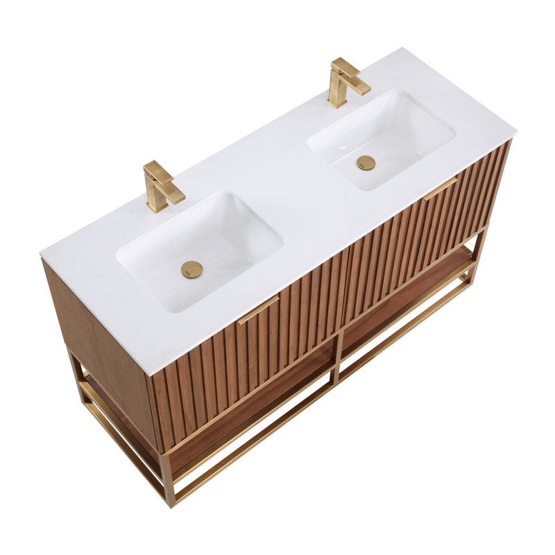 Terra 60'' W Double Vanity, Walnut, White Quartz/Single Faucet Mount, Satin Brass