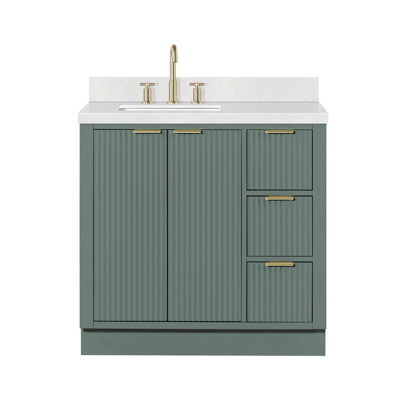 Meuble-lavabo simple en bois massif de 36 po avec plateau en quartz Carrara de 1,5 po Haun, Gauche, Rectangulaire, Vert rétro