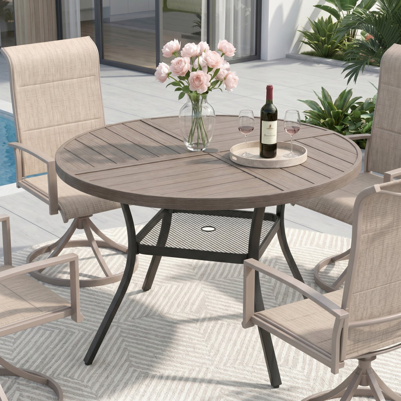 4-Person Round Patio Dining Set With 360°Swivel Padded Textilene Chairs, Brush Wood Gray/Sandshell