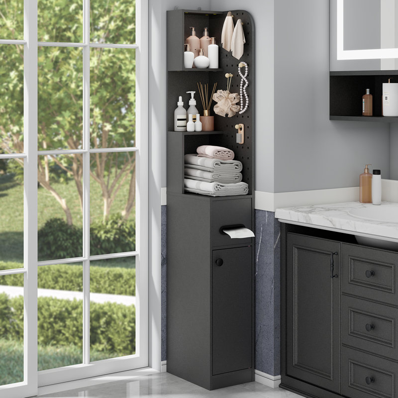 Armoire de rangement pour salle de bain de 65 po de hauteur, organisateur de salle de bain étroit avec pédalier et tablette réglable, économiseur d'espace mince avec tiroir pour le salon, Kithchen, noir