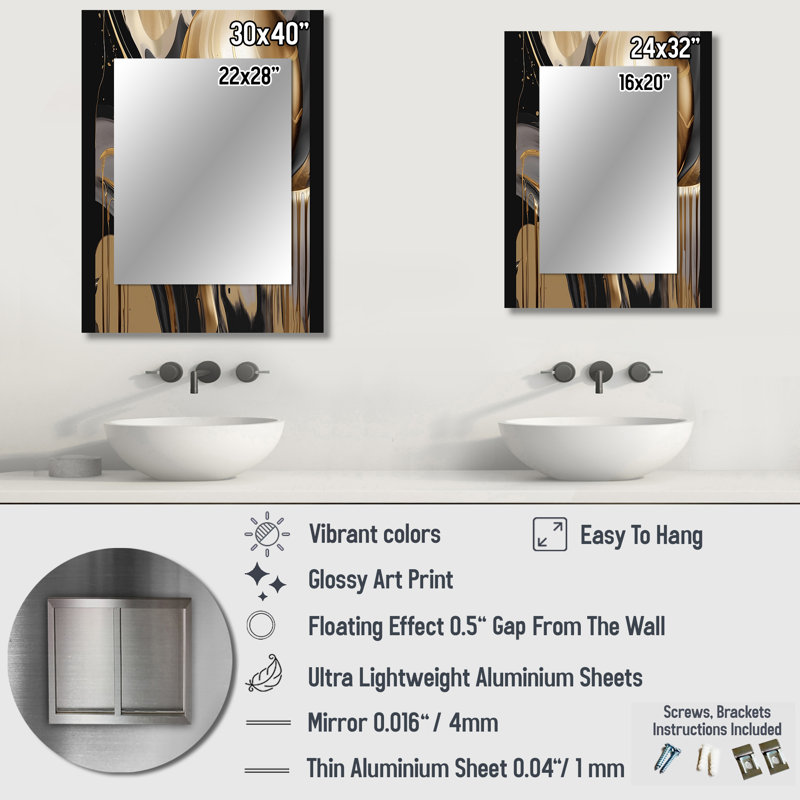 Or et noir captivant marbre IV - miroir décoratif en marbre, miroir mural moderne, impression d'art en métal, 32 po x 24 po