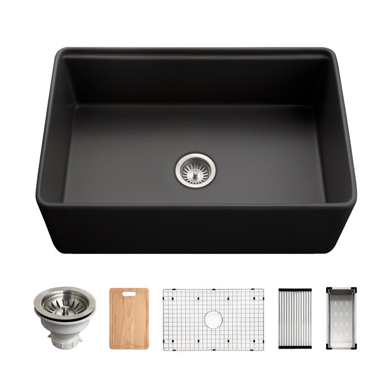 Houzer 30 in Fireclay Apron Front Single Workstation w/ Accessories, Black