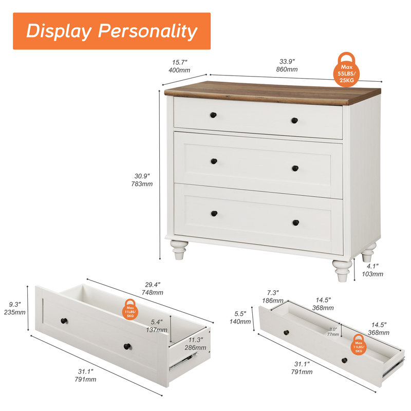 Scarlett Mid-Century Modern 3-Drawer Nightstand, White/Brown, Individual