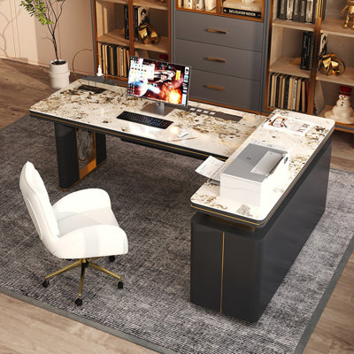 Light Luxury L-Shaped Corner Sintered Stone Desk, Stainless Steel Baked Finish Executive Office Table, Modern Home Study Computer Writing Desk with Attached Storage Cabinet