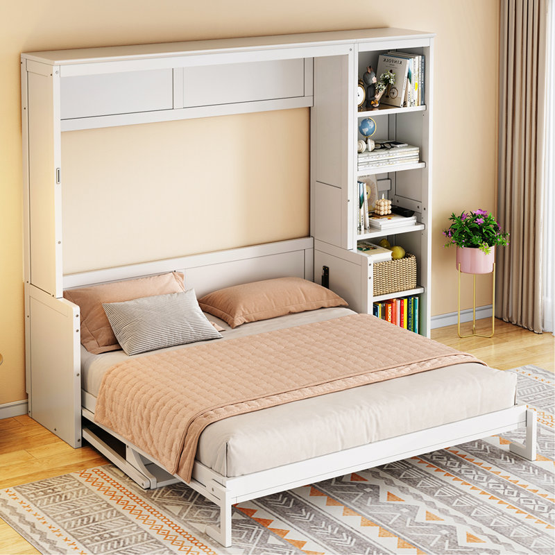 Grand lit escamotable avec bureau et bibliothèque, Blanc, Grand lit
