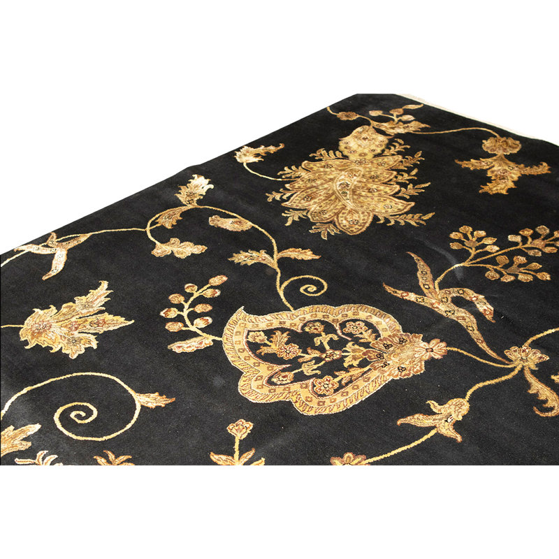 Tapis noir / beige en laine noué à la main de conception unique 8 pi 1 po x 10 pi 1 po New Age