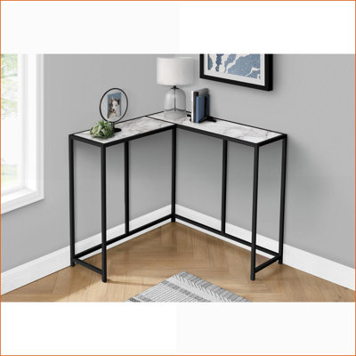 Table basse d'angle compacte en stratifié gris, structure en métal noir moderne pour le salon
