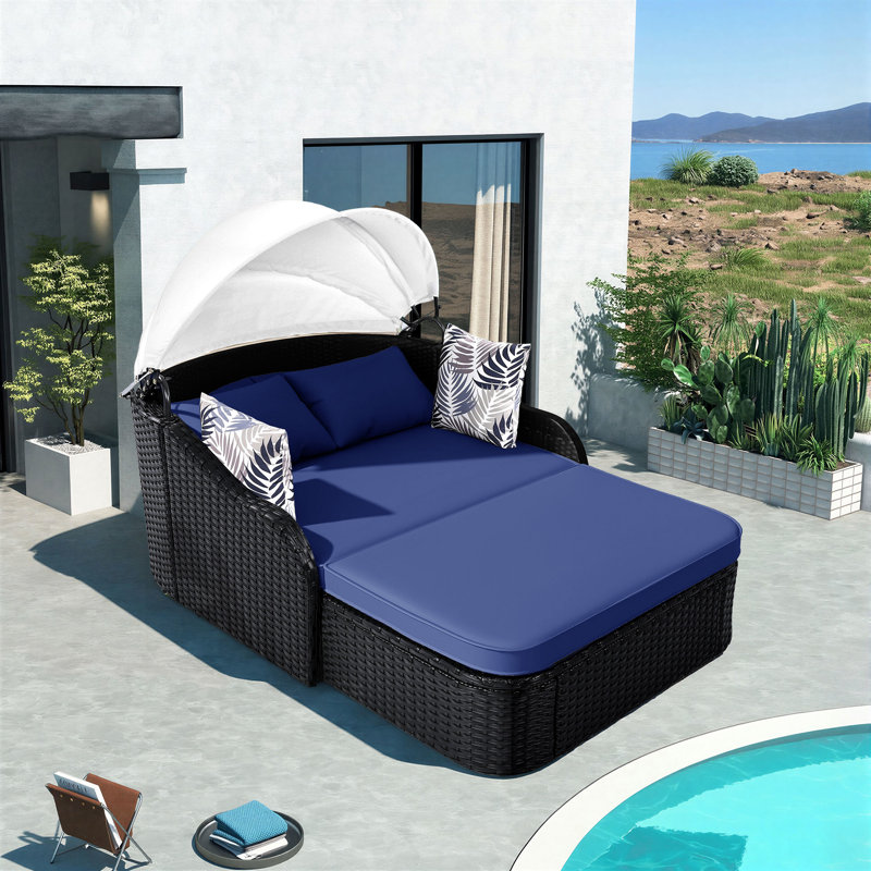 2-Person Patio Daybed with Adjustable Canopy, PE Rattan Daybed, Navy Blue Cushions