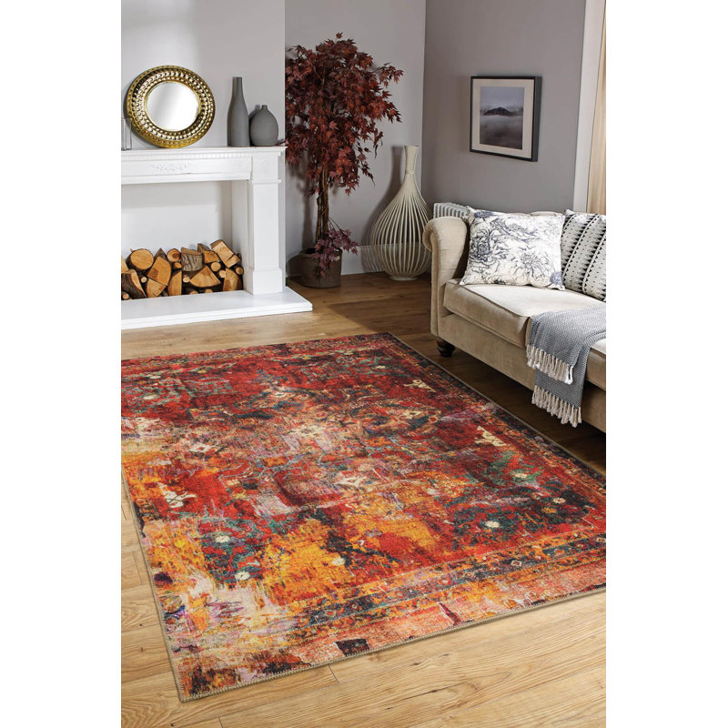 Tapis décoratif rouge, orange et vintage, Rectangle 7 pi 7 po x 10 pi 10 po