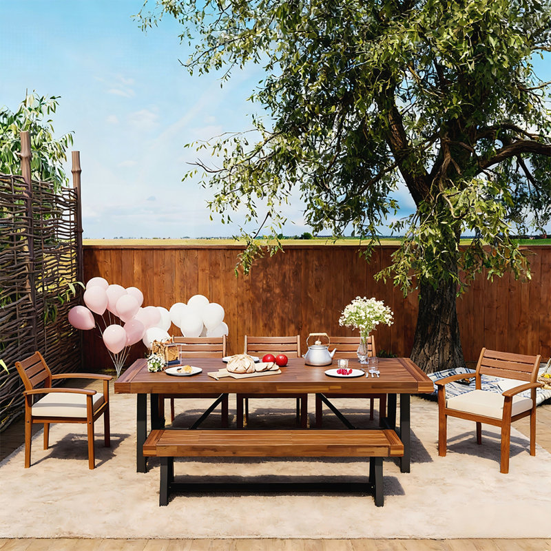 Outdoor Wood Dining Set For 7-8 Person, With Removable Cushions, Ergonomic Chairs And Bench, Thicker Table