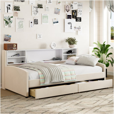 Lit plateforme simple tapissier avec rangement et tiroirs, beige