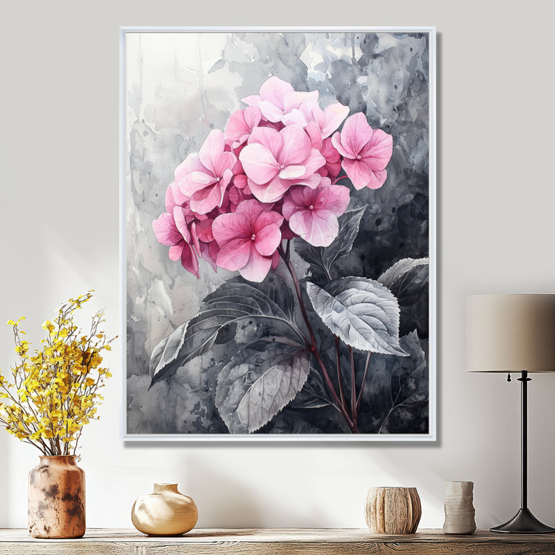 Soft Pink Hydrangea In Greyscale I - Hydrangea Framed Prints, Floater Framed Print, 32" H x 16" W, White
