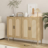 Rattan Sideboard Buffet Cabinet with Power Outlet & 4 Doors