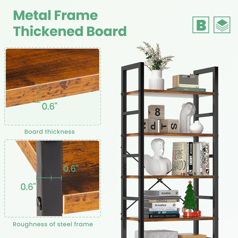 Metal Frame Bookcase with 5 Tier Open Bookshelf, Brown