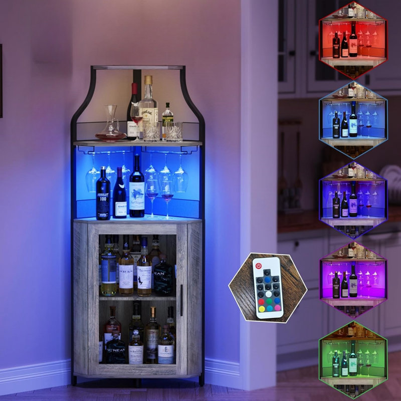Corner  Wine Bar Cabinet With Glass Holder And Storage Space, Bar Cabinet With Led Lights And Adjustable Shelf, Gray