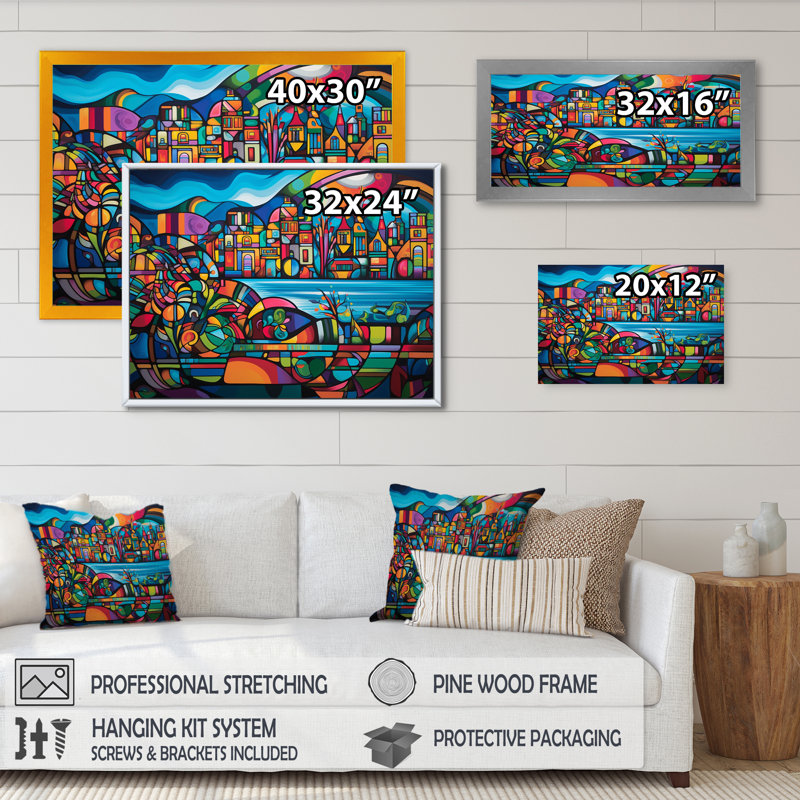 «Blue and Red Cityscape Unveile», reproduction d'art sur toile, H 34 po x l 44 po x P 1,5 po, Cadre photo noir