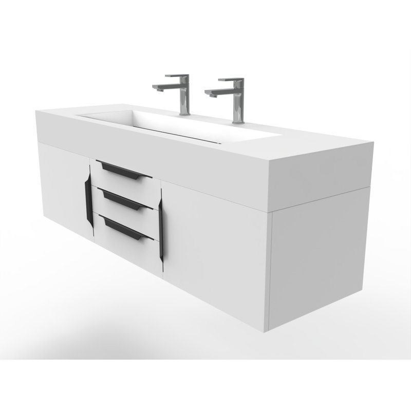 Nile 60" Wall-Mounted Single Bathroom Vanity Set, Gold, White, White