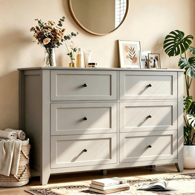 Commode de style campagnard 53,9 pouces avec 6 tiroirs, grande commode de rangement pour les vêtements, rangement multi-scène pour la chambre à coucher, le couloir et les espaces de vie, gris