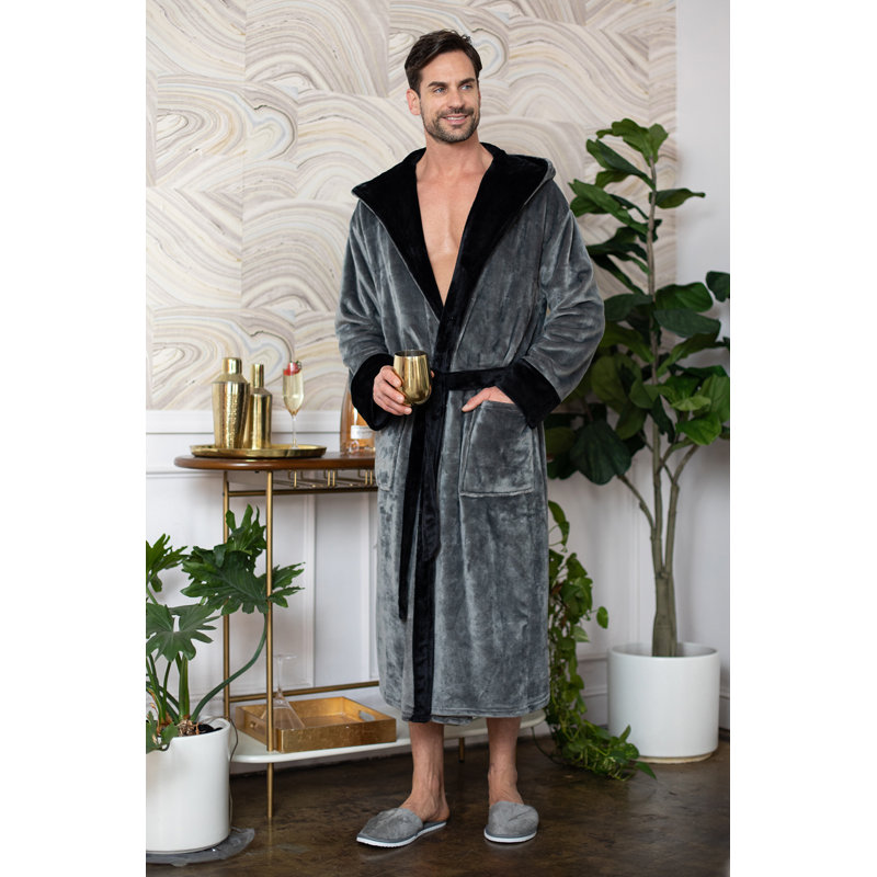 LOTUS LINEN - Peignoir moelleux à capuche, M / G, Gris/noir