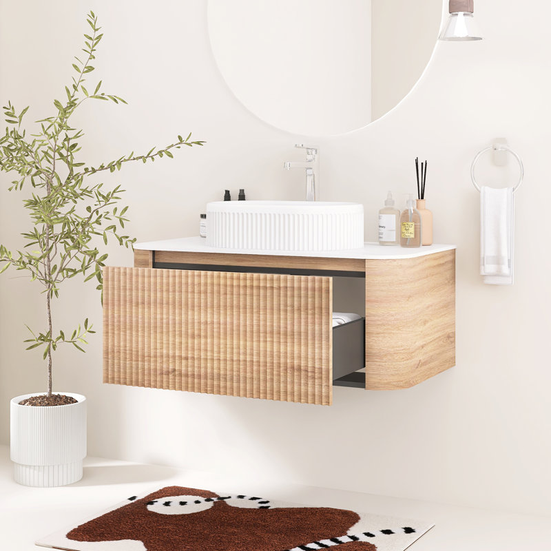 Meuble-lavabo mural cannelé 36 po avec lavabo vasque en céramique, tiroir et porte-serviettes 36 po, Honey Oak