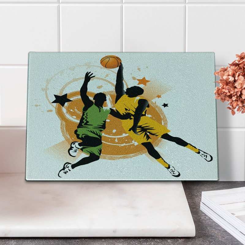 Ambesonne, dessin de planche à découper en verre trempé, joueurs de basketball, orange, vert