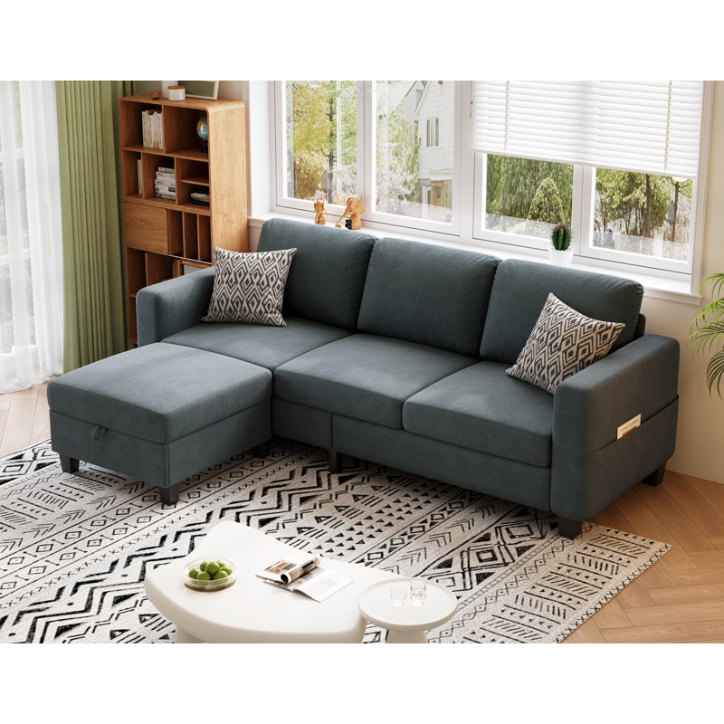 78'' Upholstered Sofa Couch With Movable Ottoman, Gray