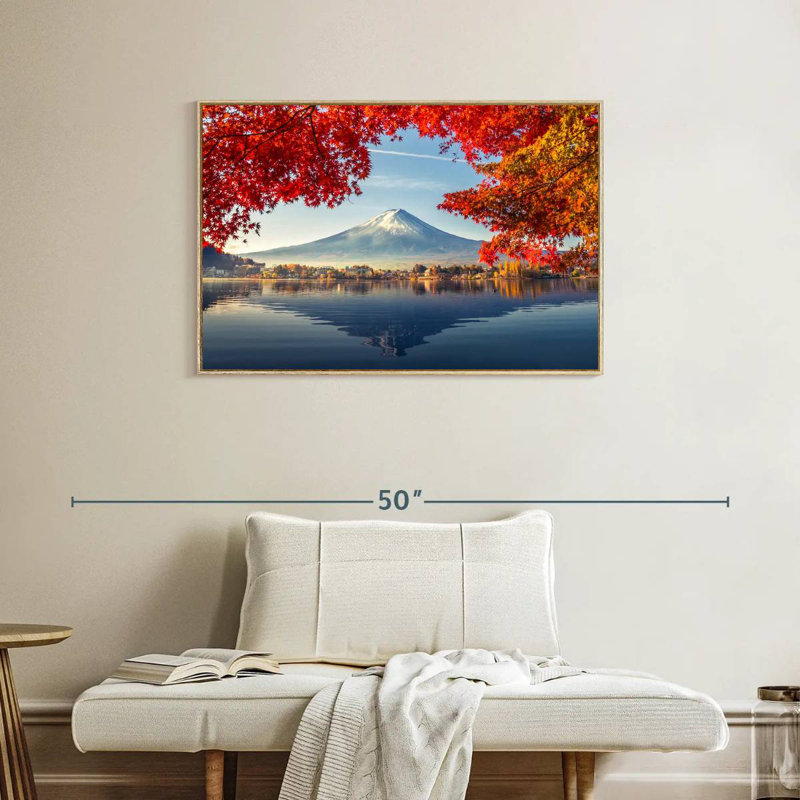 Mont Fuji - automne, Cadre flottant en bois naturel, 37 po x 25 po