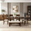 Ensemble de salle à manger extensible 6 pièces avec double table à piédestal rectangulaire, 4 chaises rembourrées et banc-130038624