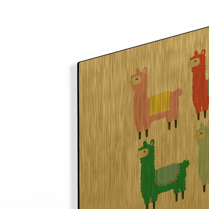 «The Llamas» par Ann Kelle, art mural en métal doré, 12 po x 12 po, 12 po x 12 po