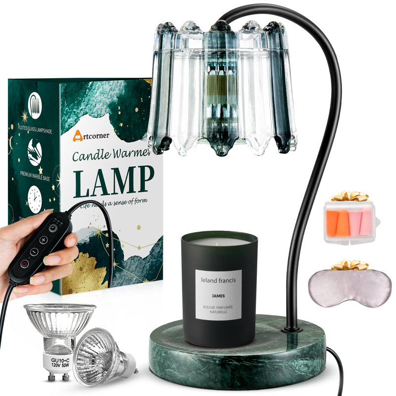Candle Warmer Lamp With Timer And  Dimmer - Green Marble Base With Retro Glass Lampshade.