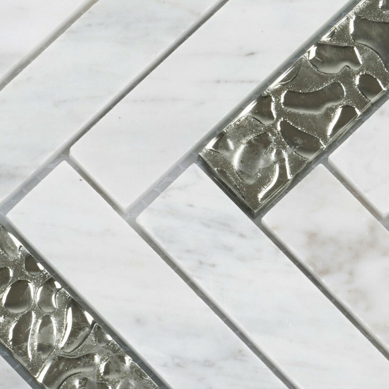 1" x 4" Straight Edge Natural Stone Herringbone Mosaic Tile, Calacatta White/Silver