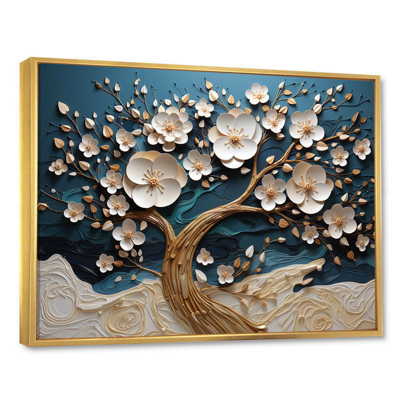 Arbre d'orchidée bleu et blanc doré de branches I - arbre, art mural, Cadre flottant doré, H 30 po x l 40 po x P 1,5 po