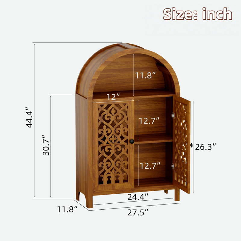 Armoire décorative arquée sculptée à la main avec tablette ouverte et plateau arqué